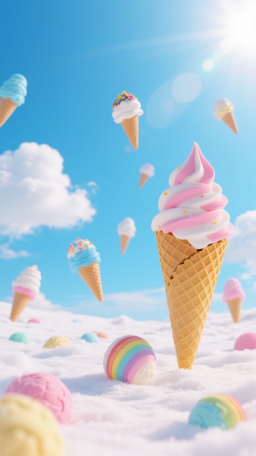超现实主义风格的冰淇淋梦幻背景，广阔的浅蓝色天空中漂浮着蓬松的白色云朵，阳光明媚，光线明亮柔和，带有轻微的光晕效果。地面覆盖着厚厚的、如同棉花糖般柔软的白色“雪地”，质感轻盈蓬松。前景中，一个巨大的华夫饼冰淇淋蛋筒直立在“雪地”上，蛋筒呈金黄色，表面有清晰的网格纹理，顶部堆叠着粉色和白色相间的螺旋状冰淇淋，顶部是尖尖的粉色奶油，边缘有细腻的奶油质感。周围散落着多个彩色的冰淇淋球，包括一个彩虹条……预览效果