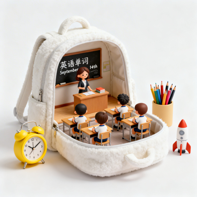 3D render, a white plush backpack opened to reveal a miniature classroom inside, a female teacher st预览效果