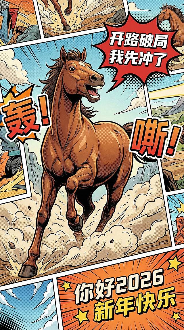 彩色漫画分镜，核心主体是一匹肌肉线条饱满的棕褐色骏马，骏马呈前蹄跃起的动态姿态，伴随尘土飞溅，表情开心，张开嘴巴喊出红色艺术字气泡“开路破局 我先冲了”，搭配漫画拟声词“轰！”“嘶！"强化动感，背景是漫画分镜拼接的封面场景，底部露出部分漫画格子，含 “你好2026 新年快乐” 字样、星星符号。
