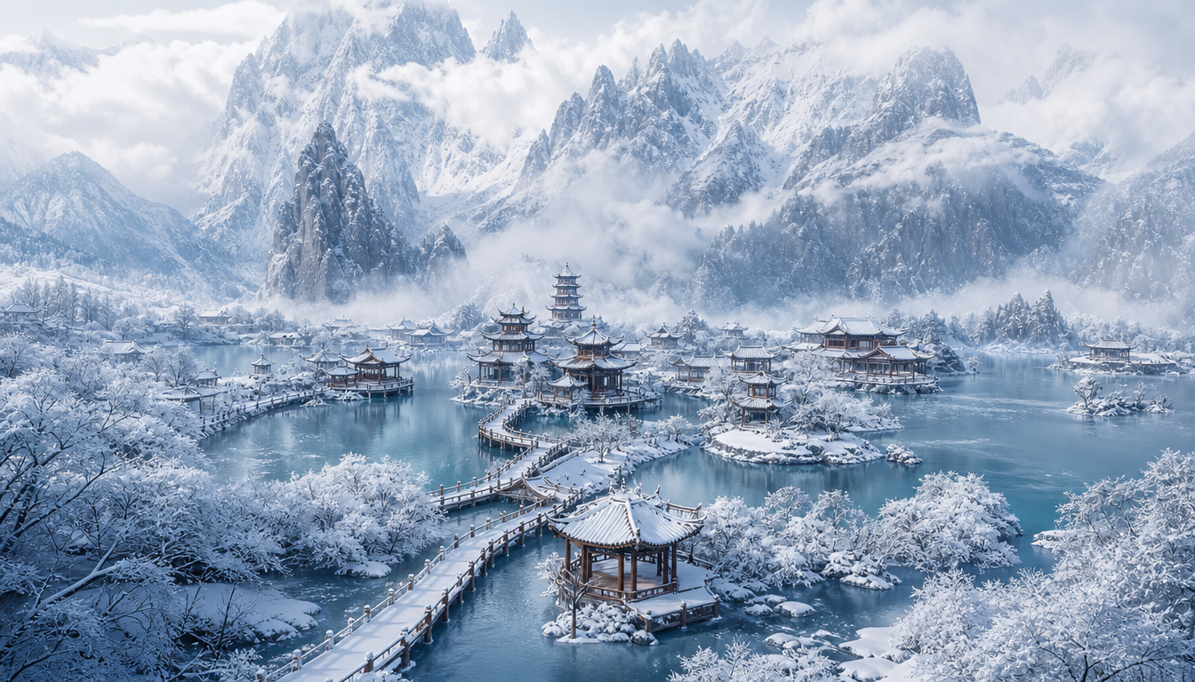 超广角大场景，宏大冬日国风仙侠园林雪景，错落的飞檐翘角木质亭台… - 图片创意预览