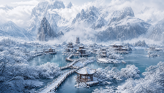 超广角大场景，宏大冬日国风仙侠园林雪景，错落的飞檐翘角木质亭台楼阁坐落于冰封碧色湖面之上，蜿蜒古朴的木栈桥串联起建筑群落，岸边苍劲的树木挂满厚重雾凇银装素裹，远处层峦叠嶂的喀斯特奇峰被厚雪覆盖，山间云雾翻涌缭绕，天地间澄澈净白。风格：超写实国风电影质感，商业级8K高清摄影，细节细腻逼真，冷调氛围感拉满，光影柔和自然。色彩：主色调为纯净雪白色、高级灰、冰蓝色，木质建筑的深棕作为暖调点缀，整体清冷通透。构图：超广角大画幅，前景积雪木质栈道做视线引导，中景亭台为视觉核心，远景雪山拉开空间纵深，画面开阔辽远，层次感极强，广角，远距离航拍