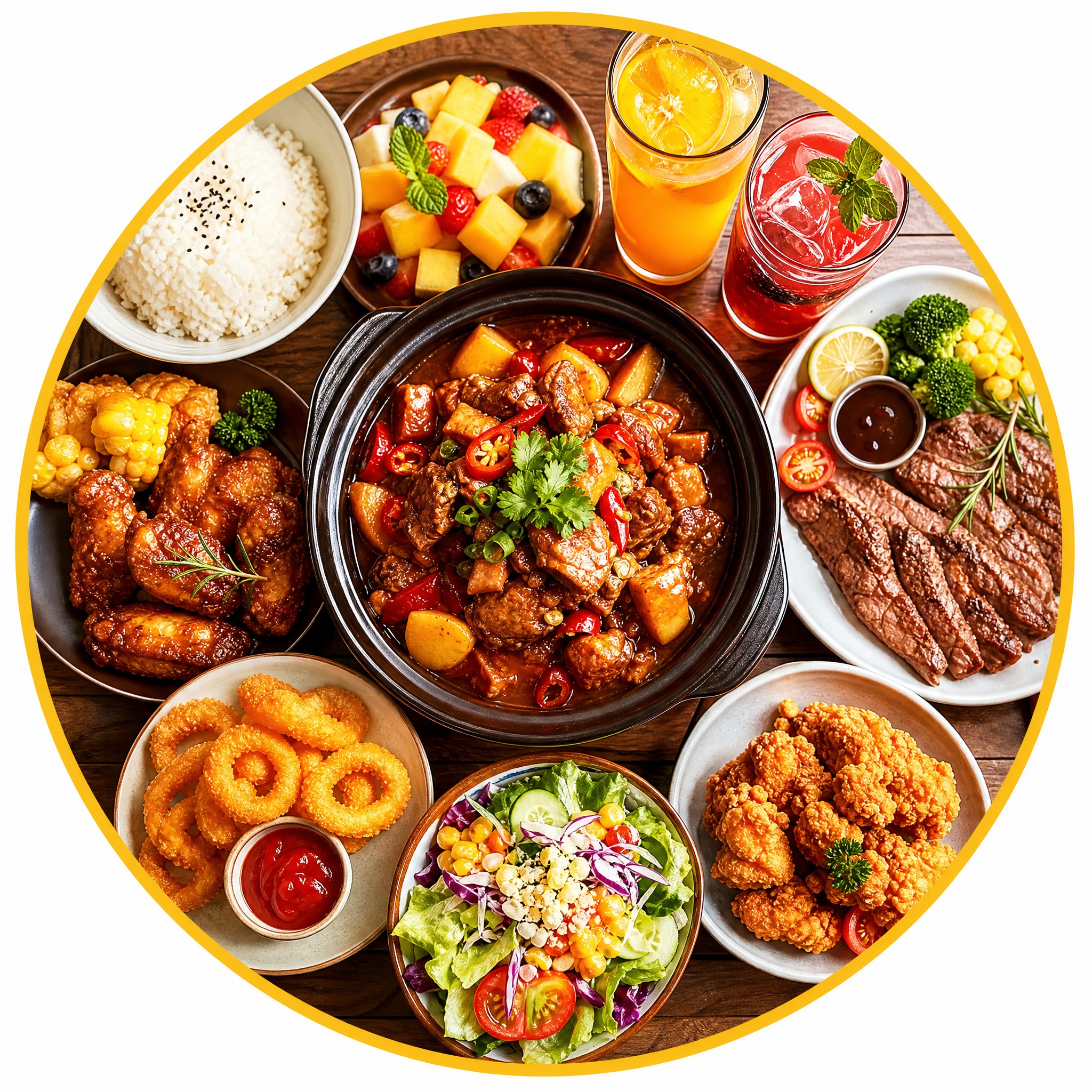 电商美食套餐圆形图标，正圆形构图，圆形边框内展示丰富诱人的美食… - 图片创意预览