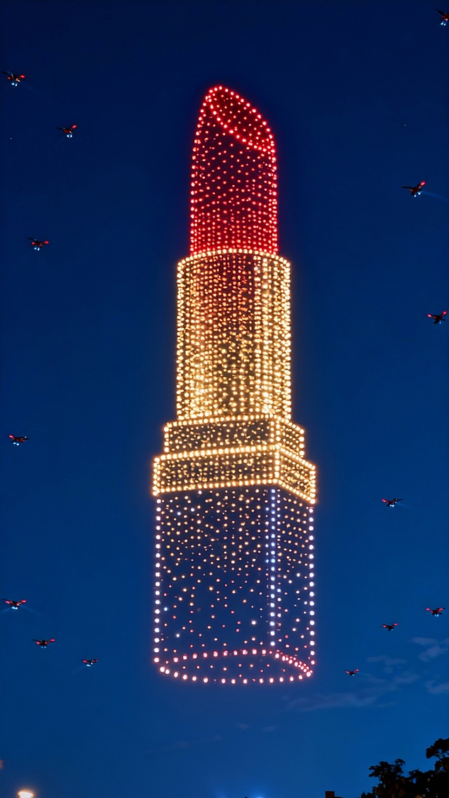 赛博朋克风巨型口红由无人机灯光矩阵构成，霓虹灯效与粒子光影交织，未来感十足，梦幻酷炫，展现虚拟现实中的重拟物美学。