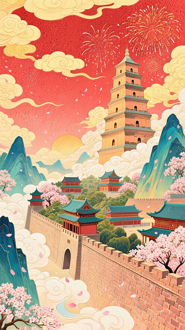 国潮风插画，融合中式建筑与水墨意境，喜庆烟花绽放，樱花纷飞，微缩艺术展现梦幻长安盛景。