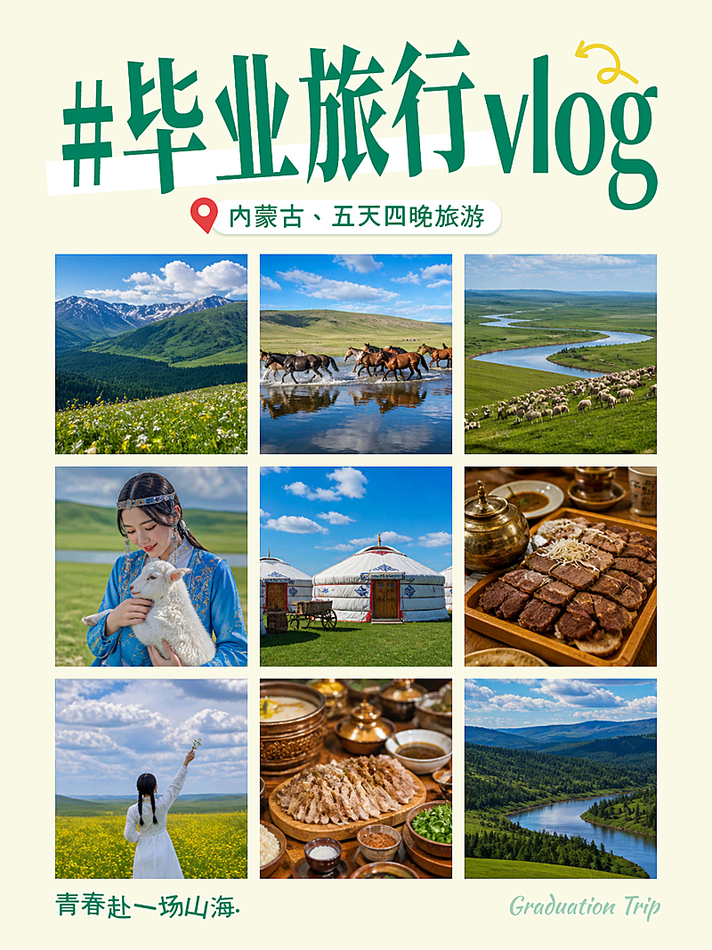 暑期毕业旅行vlog内蒙古旅游攻略九宫格拼图简约清新小红书封面