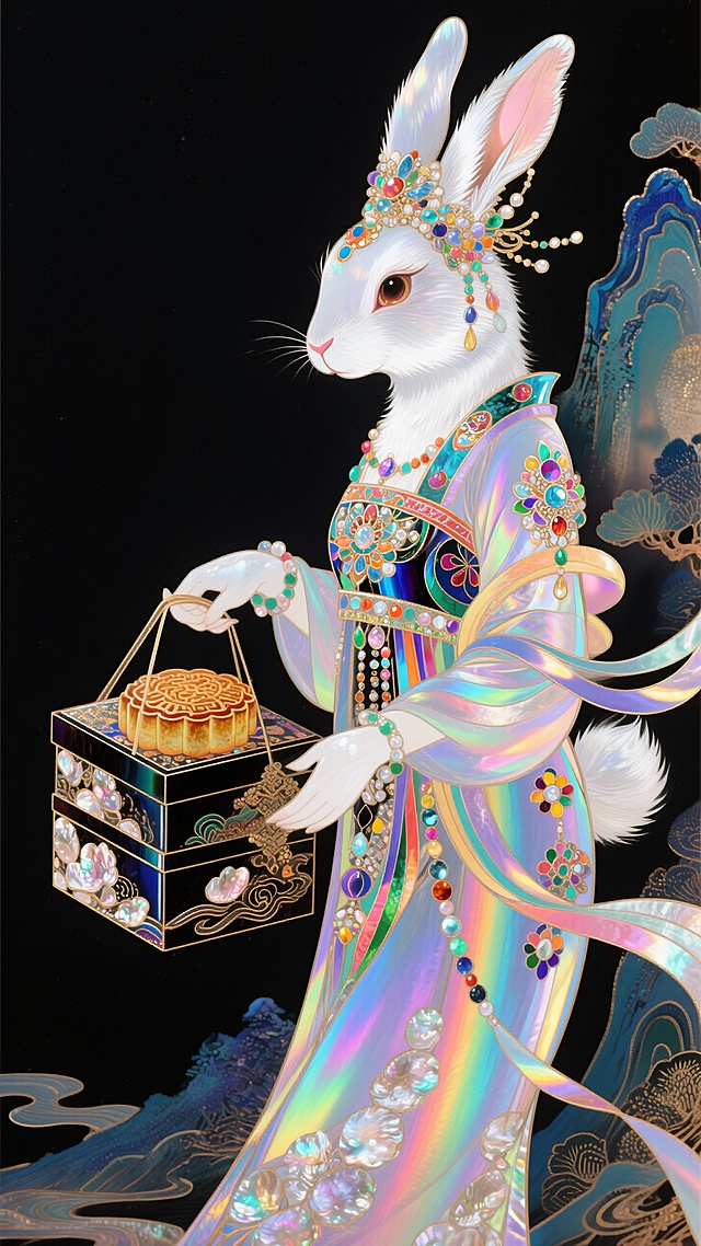 提着月饼礼盒的人型玉兔（仙气飘飘，穿着仙女服饰），神话传说，奇幻，山海经，丰富的五彩装饰，意识流，黑色背景