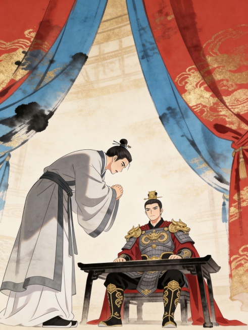 2D国风动漫风格，采用低视角仰拍，凸显人物张力。采用工笔重彩技法，朱红、靛青与金箔色为主色调，宣纸纹理基底上点缀绢本设色效果，帐幔褶皱处采用水墨晕染技法。鲁肃嘴唇微颤正对着周瑜作揖，周瑜坐主位桌子旁，预览效果