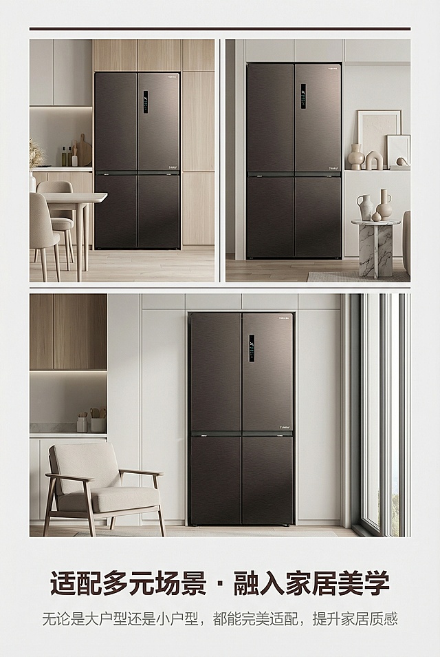 2:3竖版，电商详情页场景适配屏，高端极简轻奢风，严格还原上传的产品图，包括包装设计、颜色、LOGO位置、文字内容、图案元素等所有细节，产品外观必须与参考图完全一致，不得改变包装设计、配色方案或品牌元素，保持产品的真实材质质感（深咖色拉丝金属面板、嵌入式电子温控显示屏、十字对开门结构）。画面采用杂志式多场景拼贴布局，包含三个核心场景：1. 开放式厨房（冰箱嵌入浅木色橱柜，搭配极简餐桌）；2. 轻奢客厅（冰箱作为家居装饰，搭配艺术摆件）；3. 小户型空间（冰箱超薄设计，释放更多活动空间）。文字区位于画面下方，主标题“适配多元场景・融入家居美学”，深咖色无衬线粗体，居中；副标题“无论是大户型还是小户型，都能完美适配，提升家居质感”，浅灰色无衬线体，居中。背景为纯净浅灰色，用极细深咖色线条分隔场景区域，整体排版精致，场景代入感强，画质8K高清，质感高级。不改变产品外观细节，无杂乱场景元素，无夸张家居装饰，无产品变形，无模糊文字，无人物，无鲜艳色彩，避免场景失真，避免排版混乱，避免低清，避免颜色偏差。