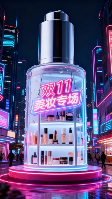 以科技感繁华街区为背景，中央是图中主体巨大化，主体倍放置在霓虹展台上，主体瓶身内设计成橱窗形式，无LOGO，瓶身内展示着各类化妆品。瓶身上挂着塑料霓虹灯牌效果“双11 美妆专场”。预览效果