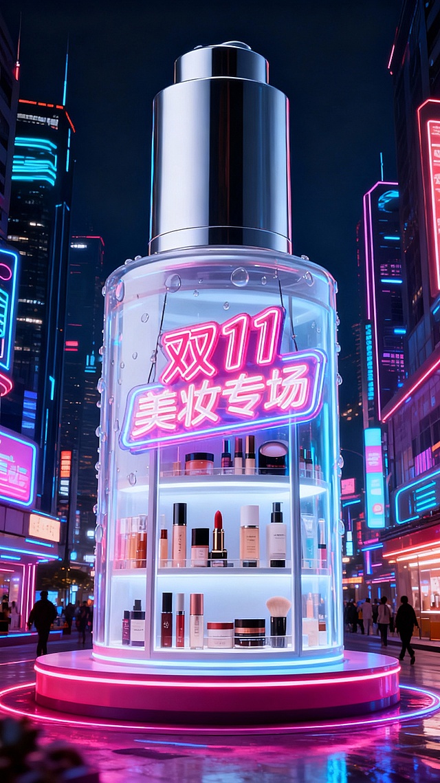 以科技感繁华街区为背景，中央是图中主体巨大化，主体倍放置在霓虹展台上，主体瓶身内设计成橱窗形式，无LOGO，瓶身内展示着各类化妆品。瓶身上挂着塑料霓虹灯牌效果“双11 美妆专场”。