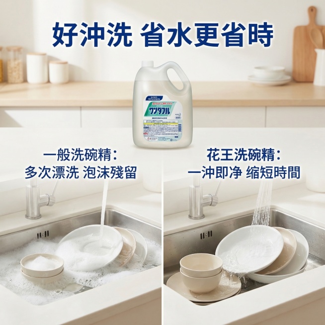 花王Wonderful洗碗精漂洗对比主图，氛围风格为舒适简约家居明亮风。画面元素：左右对比布局，左侧为普通洗碗精漂洗多次仍有残留泡沫，右侧为本品漂洗一次泡沫即冲干净，产品放置在画面上方居中位置，全屏无预览效果