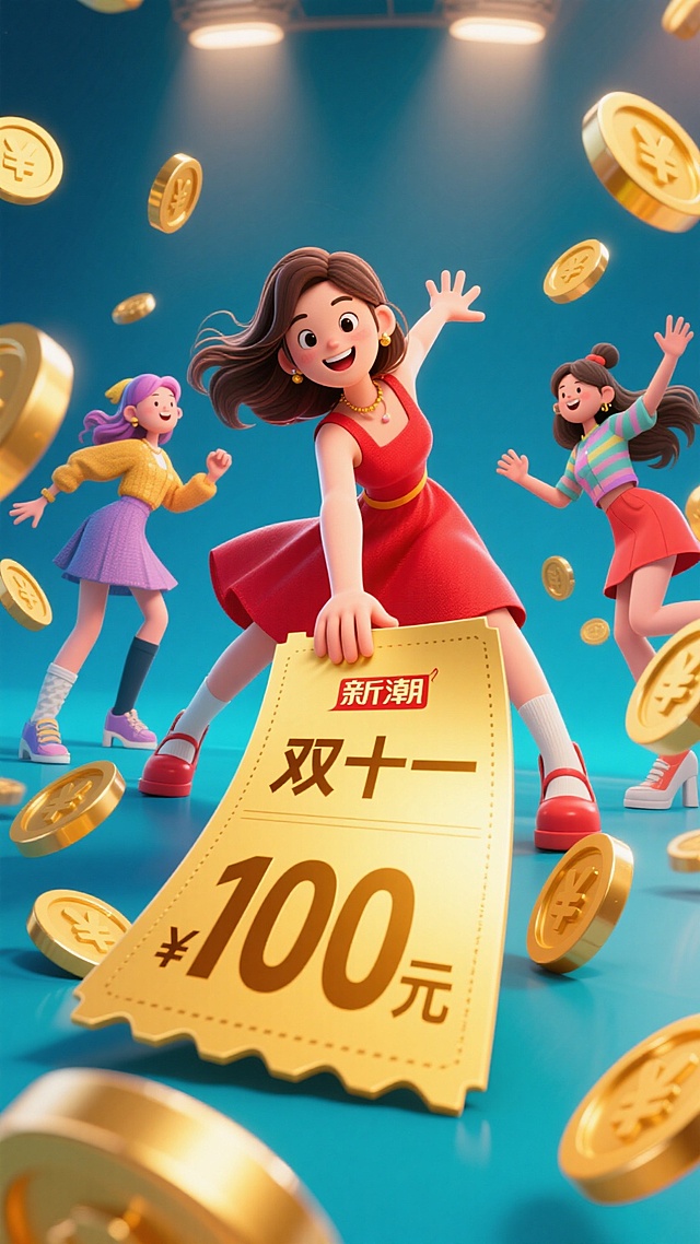 强烈鱼眼镜头畸变，视觉冲击力强，大幅度夸张动作，比例夸张。画面前景中，一张写着“双十一100元”的金色的劵（因为角度的原因，劵看起来很大）被一名身穿红色裙子的年轻女子伸到前面抢到，两边2名不同年纪服饰时尚的女生。画面围绕着金币。
