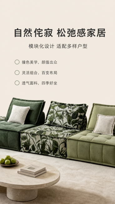[第2屏] 设计美学与产品定位，绿色方块组合沙发设计理念展示页。氛围风格：简约高级设计风，低饱和度配色，干净通透，现代设计感。元素布局：上半区为文案区，下半区使用用户原图裁剪出沙发局部特写，保留原产品预览效果