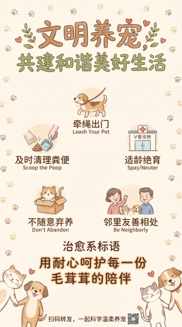 文明养宠结尾倡议页，主标题"文明养宠，共建和谐美好生活"，中段核心倡议文字："牵绳出门、及时清理粪便、适龄绝育、不随意弃养、邻里友善相处"，底部居中治愈系标语"用耐心呵护每一份毛茸茸的陪伴"，背景淡色预览效果