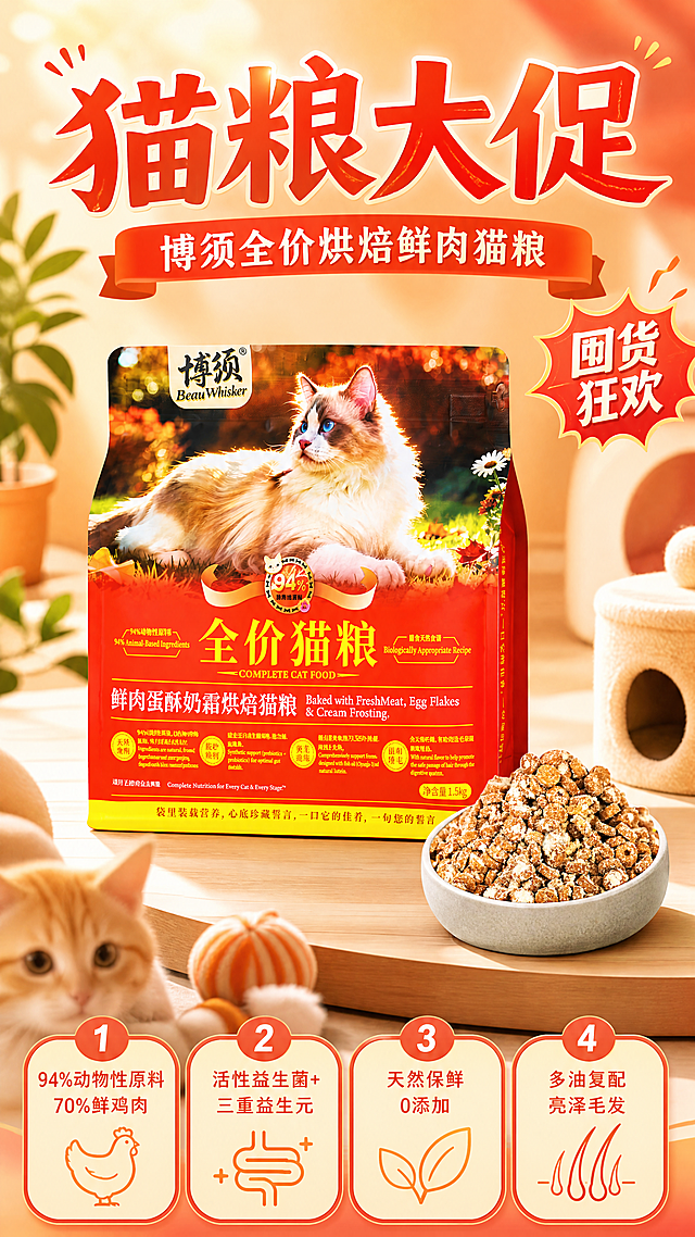 写实商业摄影，博须全价猫粮大促促销电商海报，主体展示图1产品包装袋和图3猫粮实物，100% 还原上传商品图的产品外形、包装、LOGO、印刷文字、净含量，以上传图为唯一商品主体来源，完整保留原图中的轮廓、结构、比例、品牌 logo、容量信息、材质质感、颜色与正面朝向，包装、配色、产品结构与标签布局均与上传图保持一致；设计仅作用于背景、光影、道具、版式和文字区；主标题文字"猫粮大促"，副标题文字"博须全价烘焙鲜肉猫粮"，卖点文字：1 94%动物性原料 70%鲜鸡肉 2 活性益生菌+三重益生元 3 天然保鲜 0添加 4 多油复配 亮泽毛发，装饰文字"囤货狂欢"，文字全部清晰可读，不遮挡产品主体；画面采用暖红金色大促风格，背景暖橙色渐变，宠物用品活泼陪伴氛围，产品放在干净浅木色展台上，前景柔和光斑虚化景深，顶部自然光加侧前方柔光，商品主体占比约65%，版式精美，分区清晰，主次分明，构图精简整洁，所有元素均为有效相关内容，画面比例9:16，超高清画质