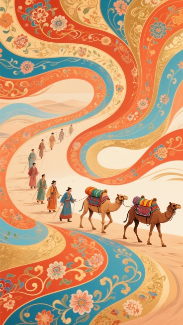 新中式风格插画，以流畅飘逸的橙红色、蓝色、金色曲线构成类似丝绸之路的波浪状背景，曲线表面装饰繁复的传统花卉纹样和卷草纹，色彩浓郁和谐，具有浓厚的中国古典美学韵味。画面中，一队骆驼商队正在行进，骆驼体型健硕，背负着色彩鲜艳的鞍囊，商队成员身着传统服饰，神态自若。整体构图富有动感，视觉层次分明，线条细腻流畅，营造出古朴典雅又充满历史厚重感的氛围，突出骆驼作为丝绸之路重要载体的形象，兼具艺术观赏性和……预览效果