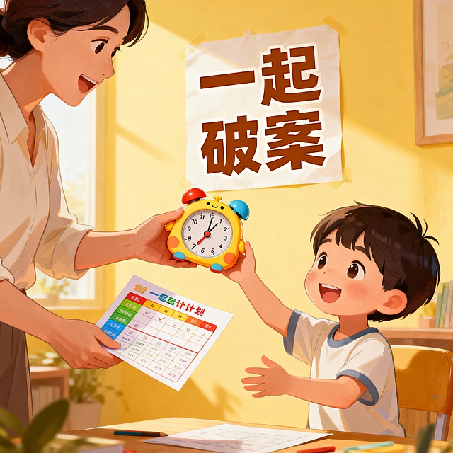 家长递给孩子一个卡通计时器和计划表，孩子微笑接过，背景有“一起破案”标语。