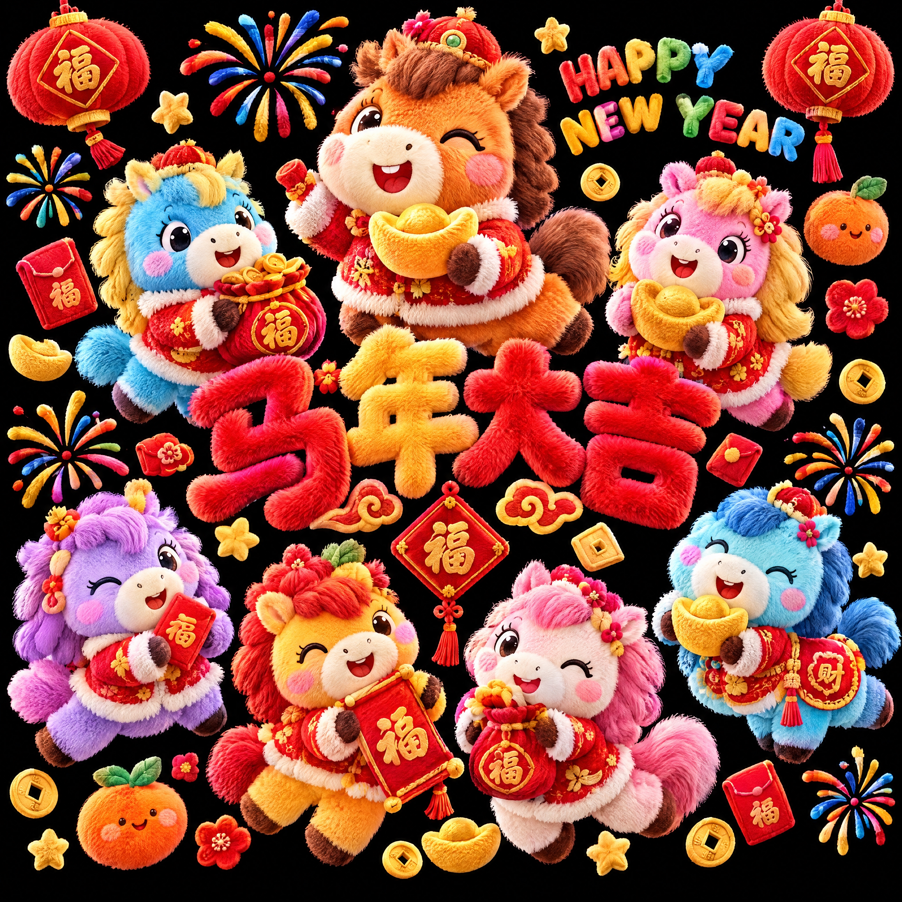 参考图中的毛绒质感风格，生成马年新年窗花图案，比参考图更加毛绒… - 图片创意预览