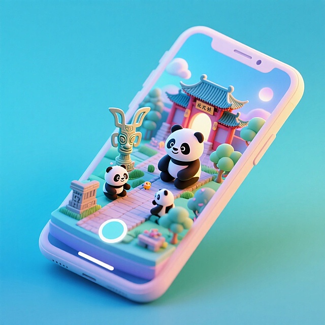 一个手机创意微缩场景，手机平放，侧面对着观众，手机俯视角度，立体的成都景观从屏幕内出来，有熊猫，三星堆，武侯祠，整体色调立体魔幻。青色背景。具有梦幻感,打光营造出柔和氛围强调梦幻和未来感的美学。
