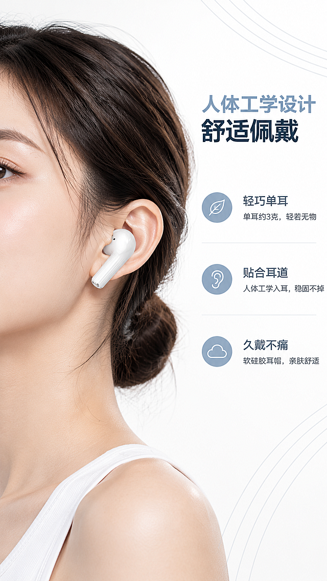 电商详情页第4屏（佩戴舒适卖点）：OKOP 真无线蓝牙耳机

[布局] 左右分栏，9:16竖版。

[左侧] 耳机佩戴示意，白色入耳式耳机戴在耳朵上，侧面角度，舒适贴合，背景干净明亮。耳机外观与输入图完全一致。

[右侧文字] 顶部标题："人体工学设计 舒适佩戴"
下方三个要点：
1. "轻巧单耳" - 单耳约3克，轻若无物
2. "贴合耳道" - 人体工学入耳，稳固不掉
3. "久戴不痛" - 软硅胶耳帽，亲肤舒适

[背景] 白色极简背景，浅灰色几何线条装饰。

[风格] 白色极简高端风格，Octane渲染质感，柔和布光，细腻材质，超高细节，4K画质，全中文文案。

[负向提示词] 极限词，虚假宣传，水印，平台logo，站外引流，英文，产品变形。