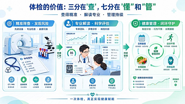 医学健康科普配图，16:9横版，专业医疗风格，蓝白绿主色调。画面左侧为医学检查场景元素：CT扫描仪、听诊器、体检报告、显微镜等，代表"查得精准"；画面中部为医生解读报告的场景，带有数据图表、折线图、健康指标仪表盘，代表"解读专业"；画面右侧为健康管理闭环图标：日历、运动小人、饮食餐盘、持续监测曲线，代表"管理持续"。画面中央上方有醒目大标题文字"体检的价值：三分在'查'，七分在'懂'和'管'"，下方有副标题文字"查得精准 · 解读专业 · 管理持续"，底部有小字"一次体检，真正实现健康赋能"。整体画面简洁专业，信息图表与医学插画结合，层次分明，视觉清晰，适合科普宣传使用。