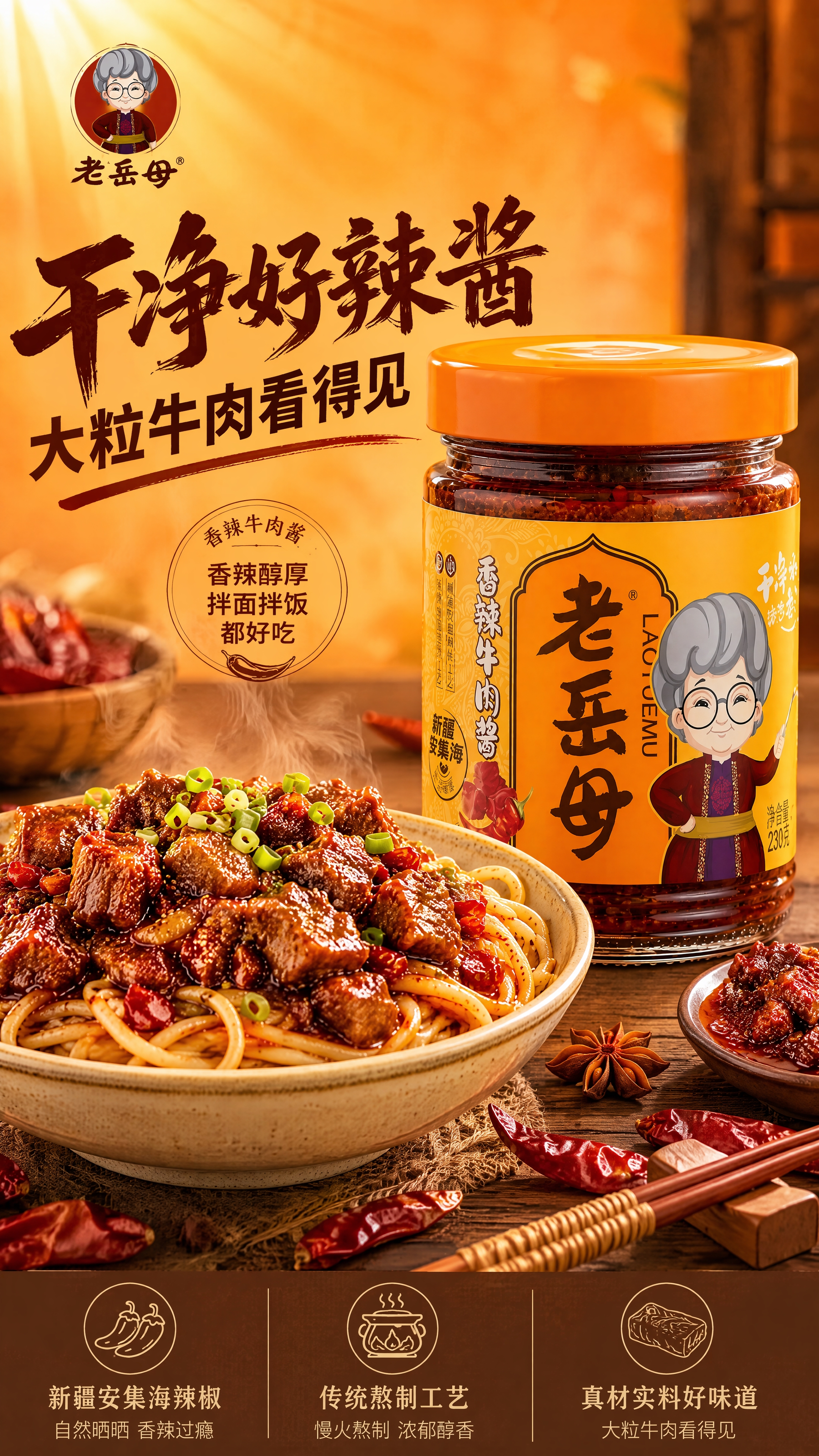 [第1张] 详情页头图-老岳母香辣牛肉酱食欲氛围海报。本张使用… - 图片创意预览