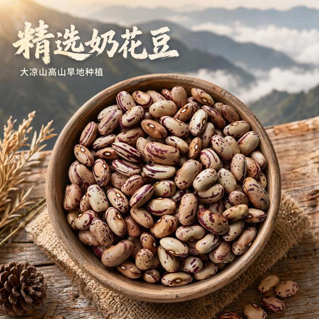 「图片1」「图片1」「图片1」「图片1」，生成一套主图（4张），商品名称是精选奶花豆，卖点是1. 大凉山高山旱地种植，远离污染，山地沙土自然培育
2. 全程农家有机肥，豆类颗粒饱满花纹清晰
3. 高原预览效果