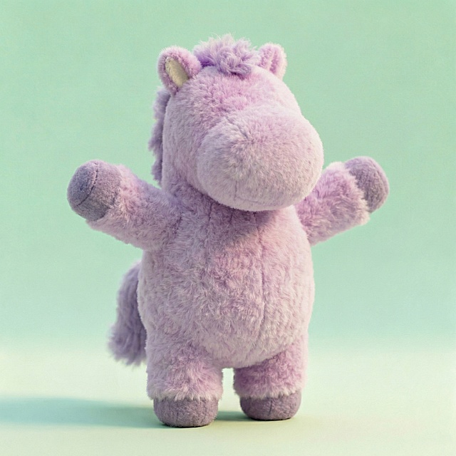 将这只紫色毛绒小马调整为无五官、站立姿势、双臂张开的呆萌可爱造型，保留马卡龙紫色