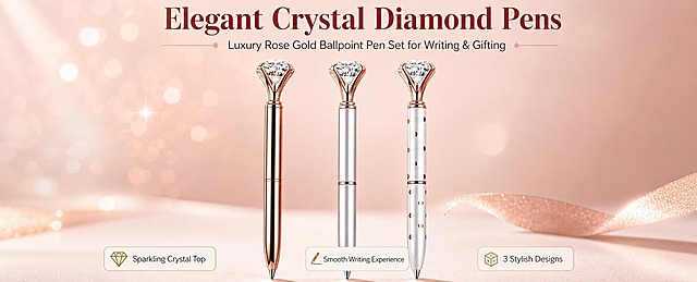 [商品] 使用【图1】三款水晶钻石圆珠笔；保留三款SKU外观：左款全玫瑰金金属笔身、中款珍珠白银色笔身+玫瑰金钻顶、右款珍珠白波点笔身+玫瑰金钻顶；保留顶部大颗水晶钻石造型、金属笔夹结构、笔尖形状和整体比例；增强水晶切面光泽与金属笔身反光质感，去除背景杂色。
[画面] 目标：氛围头图，突出三款钻石笔的轻奢颜值与精致设计。构图：居中对称排列三款笔，左中右横向分布，产品占画面65%；前景细腻柔光投影，中景三款笔直立展示，背景为低饱和玫瑰金渐变+柔和光斑点缀，三层视觉层次。阅读动线从左到右依次欣赏三款设计。
[视觉] 套系策略：风格=跨境极简高级商业摄影；标题字=现代优雅衬线粗体；正文字=简洁无衬线体；主色=玫瑰金+珍珠白；背景延展=基于玫瑰金与珍珠白做深浅层级、同色渐变和细腻金属/珠光质感；强调色=香槟金，仅用于小面积图标、引线和标签；标题色=深玫瑰金；正文色=暖灰棕；组件=圆角浅金信息卡、细线引线；光影=左前侧暖柔光，水晶高光通透。
[文字] 上方居中主标题"Elegant Crystal Diamond Pens"，副标题"Luxury Rose Gold Ballpoint Pen Set for Writing & Gifting"，下方三个短卖点：Sparkling Crystal Top、Smooth Writing Experience、3 Stylish Designs。文字不遮挡笔身主体和钻顶。
[规格] 图片比例61:25横版，4K，避免变形、错字、文字过小、冷蓝背景、笔身颜色改变、水晶失真。