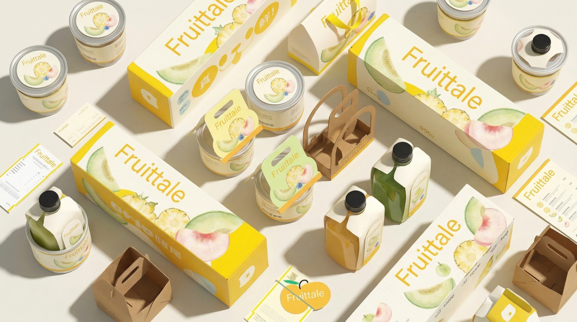 将图一中的果汁包装产品，按照图二中的产品摆放方式和俯视视角进行重新呈现，保留图一产品的包装设计和元素预览效果