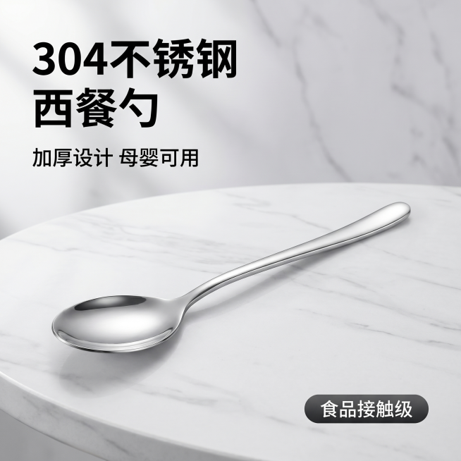 [主图 1] 304不锈钢西餐勺产品首图。[氛围风格] 简约高级电商产品风，干净明亮，突出品质感。[画质] 商业摄影质感、光线柔和通透、产品清晰真实、画面干净高级。[元素] 不锈钢西餐勺完整居中展示，预览效果