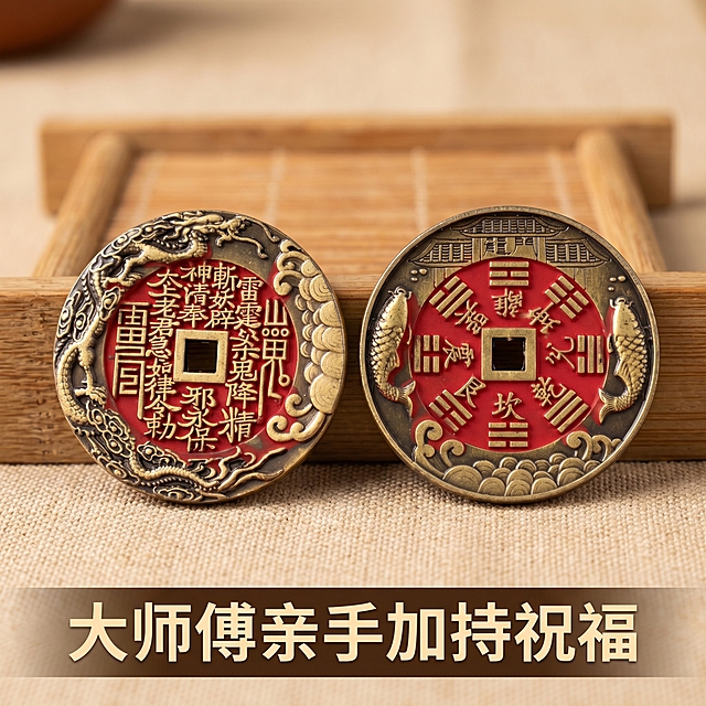 [主图 3] 山鬼花钱细节工艺展示
[氛围风格] 温馨舒适家居治愈风，暖调自然光
[画面元素] 商业摄影质感、光线柔和通透、产品清晰真实、画面干净高级。保持原黄铜山鬼钱正反两面的造型、朱砂纹理和雕刻细节，将两枚山鬼钱并排展示在原木茶席上，背景为素色棉麻桌布，整体干净温馨，保留产品细节清晰可见。
[配色色系] 主色调：原木暖棕、朱砂红；辅助色：棉麻米白
[视角构图] 水平平视拍摄，双产品居中对称布局
[文字版式] 底部居中对齐，主标题“大师傅亲手加持祝福”米白色粗体，背景用半透明深棕渐变蒙层，不遮挡产品主体
[比例分辨率] 1:1比例，2k分辨率，文字清晰可辨，超高清
[负向提示词] 变形，水印，文字错乱，产品图模糊，背景杂乱，文字遮挡主体