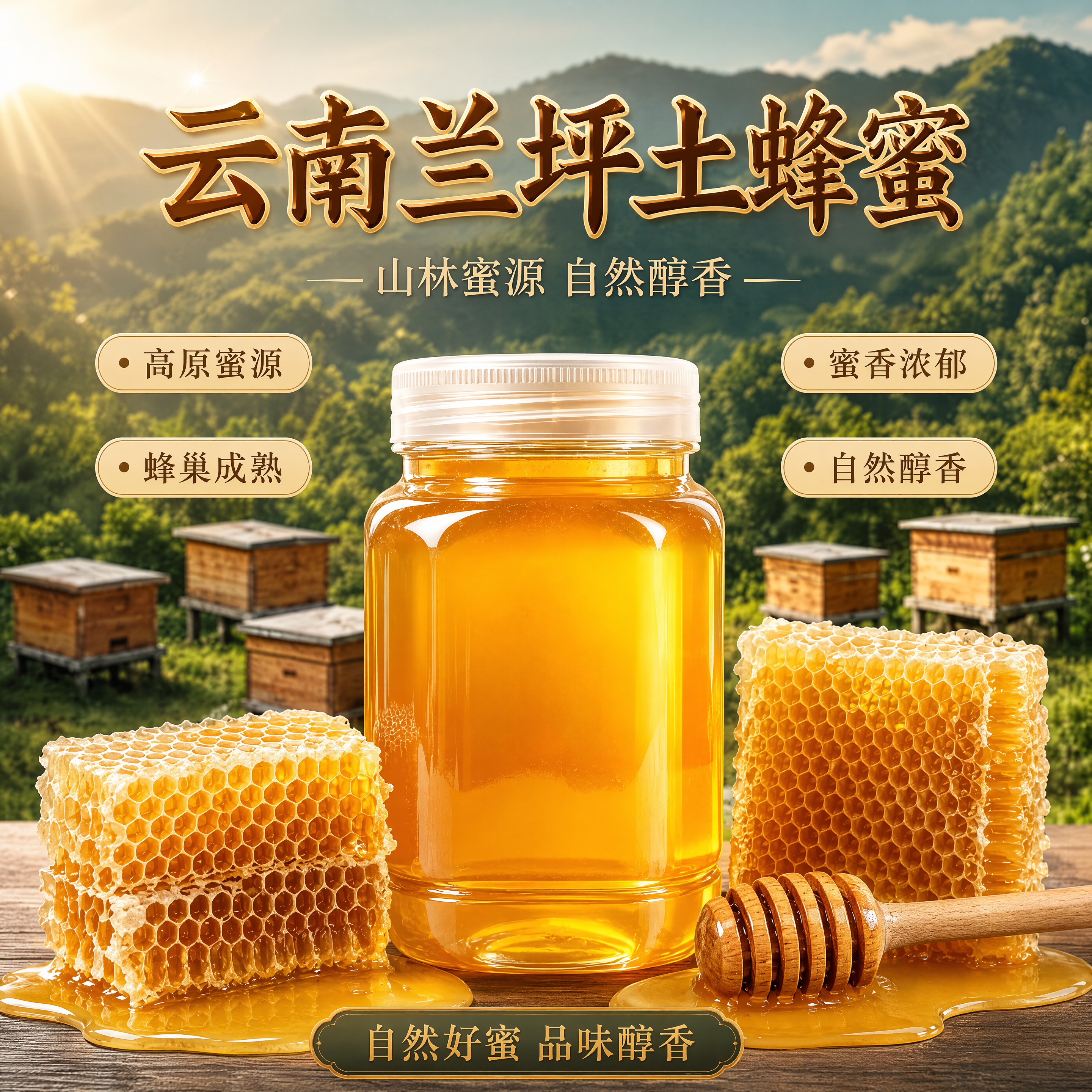 优化这张云南兰坪土蜂蜜主图海报，提升整体品质感。保留产品主体（… - 图片创意预览