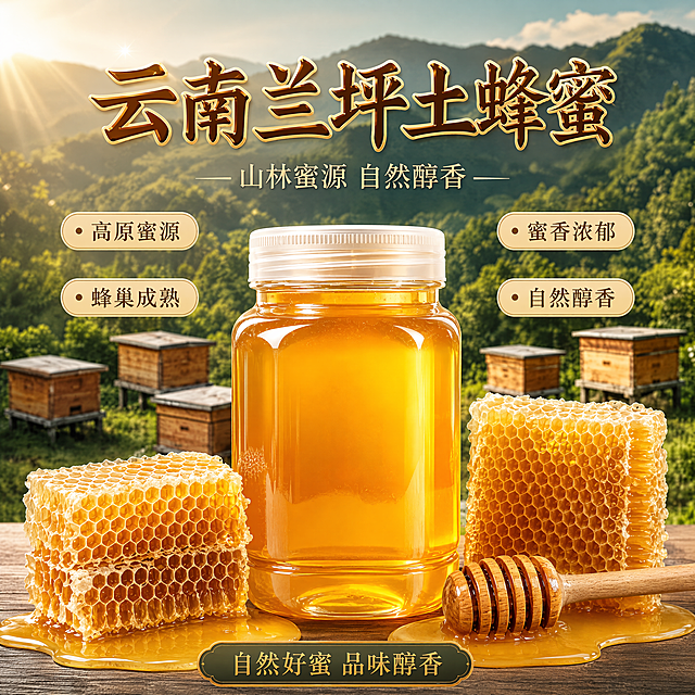 优化这张云南兰坪土蜂蜜主图海报，提升整体品质感。保留产品主体（蜂蜜罐+蜂巢+蜂蜜棒）和山林蜂箱背景，优化以下方面：1. 修正所有文字错乱，确保每个文字清晰正确；2. 去除重复的卖点标签，保留四个核心卖点："高原蜜源"、"蜂巢成熟"、"蜜香浓郁"、"自然醇香"，左右对称分布，标签样式统一为精致圆角胶囊；3. 主标题"云南兰坪土蜂蜜"字体优化为更高级的书法宋体，颜色深琥珀色带金色描边，更有质感；4. 副标题"山林蜜源 自然醇香"字体纤细优雅；5. 底部标语"品味自然甜香"改为"自然好蜜 品味醇香"，按钮样式更精致；6. 整体光影提升，蜂蜜更通透有光泽，蜂巢更真实，背景山林蜂箱更清晰有层次；7. 去除右下角"豆包AI生成"水印；8. 整体色调更统一，琥珀金+森林绿配色，高端大气有品质感。