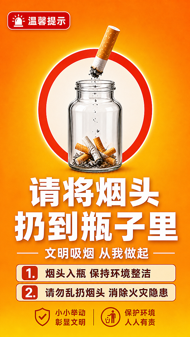 一张竖版警示标语海报，通知公告风格，清晰醒目，高对比文字，低装饰，信息分区明确。画面中央偏上位置有一个大号烟头投入玻璃瓶的警示图标（烟头正落入瓶口，瓶子为透明玻璃材质，内有少量烟头），图标简洁有力。图标下方是大号加粗主标题文字"请将烟头扔到瓶子里"，白色粗体字，清晰醒目。主标题下方是副标题"文明吸烟 从我做起"，字号稍小。再下方是两条信息点，以编号列表形式呈现："1. 烟头入瓶 保持环境整洁" "2. 请勿乱扔烟头 消除火灾隐患"。左上角有"温馨提示"小标签。背景为渐变橙黄色警示色调，简洁干净，四周留足安全边距。整体版式精美，层级分明，文字清晰可读，2K超高清画质。画面中所有信息区域必须填充完整合理的内容，不得出现空白框或待填写区域。