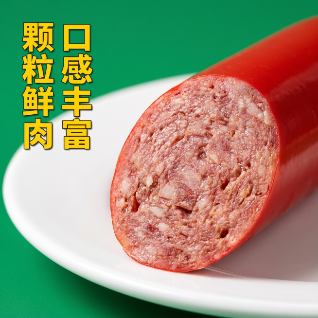 [主图 3] 乌龟火腿肠细节特写图，整体风格与套图统一。[氛围风格] 微距细节展示，清晰质感，高对比电商风格。[画质] 超高清商业摄影，纹理细节清晰，产品真实通透。[元素] 特写展示被切开的火腿肠横截预览效果