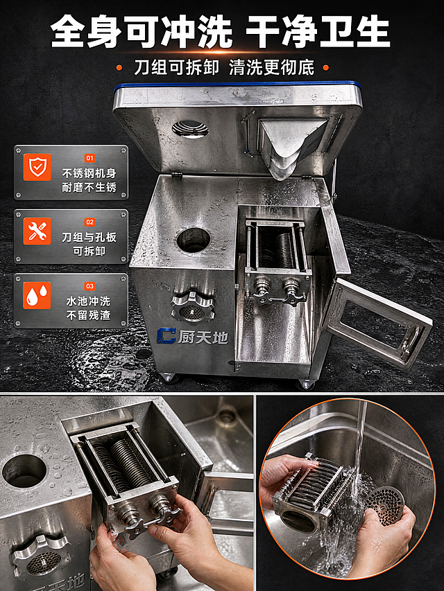 [商品] 使用【图5】掀开机身产品图与【图1】正视图，保留掀开盖板后可见的料盆内腔、绞肉进料口、切片刀组与梳齿刀排，以及机身可开启的切片窗口门板与隐藏式拉手；同时呈现可拆卸的螺旋刀组部件，刀组结构须与机身绞肉组件形态一致，不虚构零件。画中画小图：一双手在不锈钢水池中冲洗拆卸下的刀组与孔板。严格保留不锈钢材质、蓝色包边、脚轮、“厨天地”Logo与铭牌文字。
[画面] 目标：证明可全身冲洗、刀组可拆卸易清洗、干净卫生。构图：上部满铺掀开机身图展示可冲洗内腔（带水珠与水流反光），下部左右双格：左格为带明确动作目标的手部拆卸刀组中景，右格为画中画圆形小图，展示双手在水池中冲洗刀组的近景；产品占画面65%，景别上部中景、下部近景；真实后厨不锈钢水槽与水花作为环境元素。
[视觉] 套系策略：风格=商用后厨专业商业摄影，硬朗工业质感、高对比金属光泽；标题字=方正粗黑体；正文字=思源黑体Medium；主色=深炭黑#1E1F22；背景延展=基于深炭黑做深浅层级、同色渐变并叠加金属拉丝与磨砂石材质感；强调色=锦鲤橘红#FF5A1F，仅用于小面积图标、引线、标签和局部光效；标题色=纯白#FFFFFF；正文色=浅银灰#C9CDD2；组件=直角金属边框信息卡、细橘色引线、圆角编号方块；光影=顶部冷白顶光打亮水珠与不锈钢面、池边暖色环境光收边。
[文字] 全部中文横排。主标题“全身可冲洗 干净卫生”；副标题“刀组可拆卸 清洗更彻底”；3个说明点：“不锈钢机身 耐磨不生锈”“刀组与孔板可拆卸”“水池冲洗 不留残渣”。文字置于顶部标题带与下部左右分格标签，不遮挡水花、手部动作与刀组。
[规格] 图片比例3:4竖版，分辨率4K，4K高清、手机端小图可读；避免变形、错字、文字竖排或旋转、蚂蚁字、手部畸形与多指、水流不真实、刀组结构错误、Logo被改写、出现平台Logo/水印/二维码。