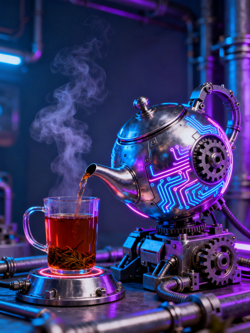 赛博朋克风格，带有霓虹发光电路纹理和齿轮的球形金属机械茶壶从侧面出茶口，向更小尺寸的带把手直身透明玻璃茶杯倾倒红茶，茶杯放置在金属机械底座上，保持蓝紫霓虹发光蒸汽和整体机械管道场景风格一致，茶杯底部可预览效果
