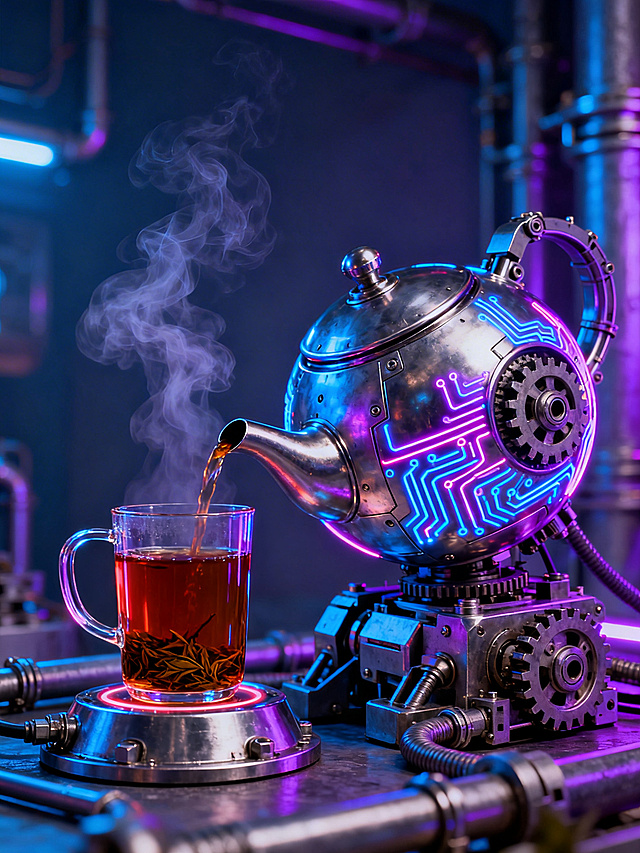 赛博朋克风格，带有霓虹发光电路纹理和齿轮的球形金属机械茶壶从侧面出茶口，向更小尺寸的带把手直身透明玻璃茶杯倾倒红茶，茶杯放置在金属机械底座上，保持蓝紫霓虹发光蒸汽和整体机械管道场景风格一致，茶杯底部可见清晰红茶茶叶