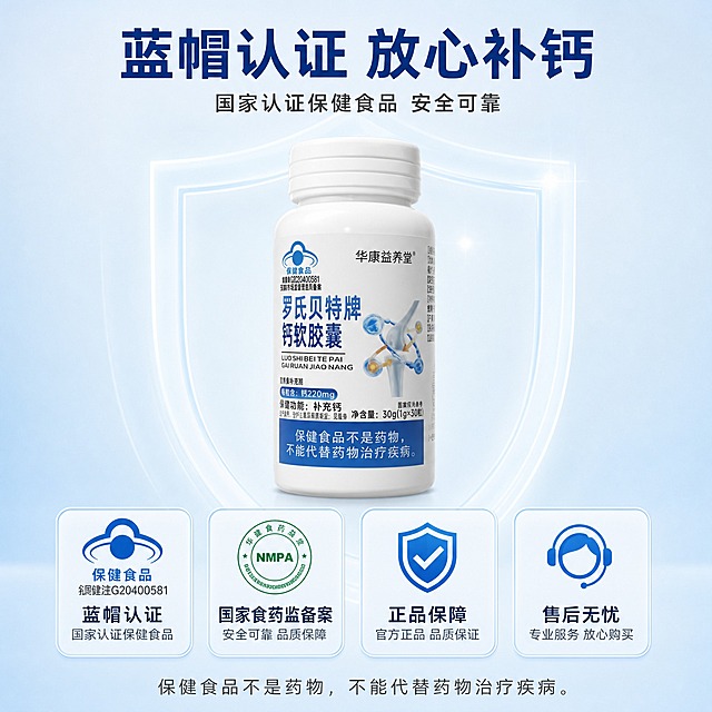 [主图-5] 信任背书与服务承诺 蓝帽认证展示
[统一基调] 整体风格专业品质 健康可信 背景主色浅蓝渐变白 标题字色深蓝 辅助字色深灰 强调色亮蓝 字体为干净非衬线体 字号层级分明 卡片圆角浅蓝边框
[画面] 产品瓶身居中偏上 占比50% 下方排列四个圆角信任图标 蓝帽认证标志 国家食药监备案 正品保障 售后无忧 每个图标配简短文字说明 最底部有保健食品警示语 保健食品不是药物 不能代替药物治疗疾病 背景为浅蓝渐变 有淡淡的盾牌形状光效 体现安全可靠 产品外观与输入图完全一致
[光影质感] 商业摄影质感 均匀柔和布光 图标有轻微浮雕质感 整体干净专业
[配色] 浅蓝渐变背景 深蓝标题 绿色认证图标 蓝色盾牌光效 产品保持原色
[文字版式] 顶部大标题 蓝帽认证 放心补钙 中间产品 下方四宫格信任图标 底部警示语用灰色小字 合规展示
[输出要求] 1:1比例 2K分辨率 文字清晰 产品清晰 无变形 无错字 无水印 无平台Logo 合规展示保健食品警示语