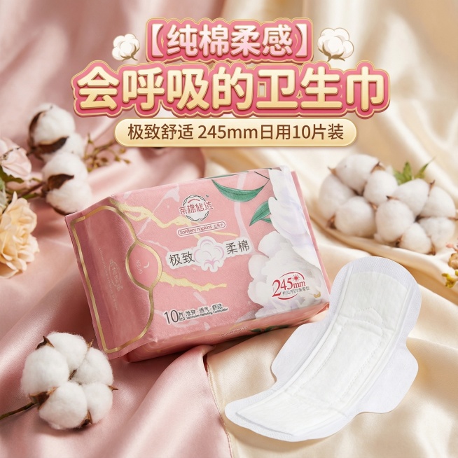 我是网店卖家，产品是女士生理期用品卫生巾，，根据你的经验帮我生成一个电商主图，/提升一些包装质感，切记不要出现网络违禁词,略微提升质感包装袋生成的包装主体不能改变，/背景可以更换更适合产品的高级背景/预览效果
