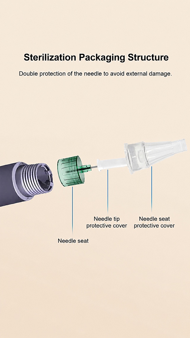 [第4屏] Needle structure exploded view, completely replicate the structure layout of reference image [image1]. 
[Atmosphere/Style] Clear technical exploded view, professional medical explanation, same warm beige background as reference. 
[Element Layout] Top headline; exploded needle structure from left to right: insulin pen interface -> needle seat -> needle tip protective cover -> needle seat protective cover, completely match the reference layout; blue lead lines connect each part with text label, same as reference. 
[Light and Shadow Texture] Soft studio lighting, clear structure display, each part separated correctly, focus sharp. 
[Color Matching] Global background #f2e8d9; product part colors match reference: purple-gray interface, green needle seat, white protective cover, completely consistent. 
[Perspective Composition] Horizontal exploded layout, each part equally spaced, same as reference composition. 
[Text Layout] Top headline "Sterilization Packaging Structure"; each part label: "Needle seat", "Needle tip protective cover", "Needle seat protective cover", same text position as reference, all text English. 
[Proportional Resolution] 9:16 vertical ratio, 4K resolution, clear text, high definition. 
[Negative Prompt] Wrong structure, wrong part order, wrong color, Chinese labels, blurry parts, inconsistent layout with reference.