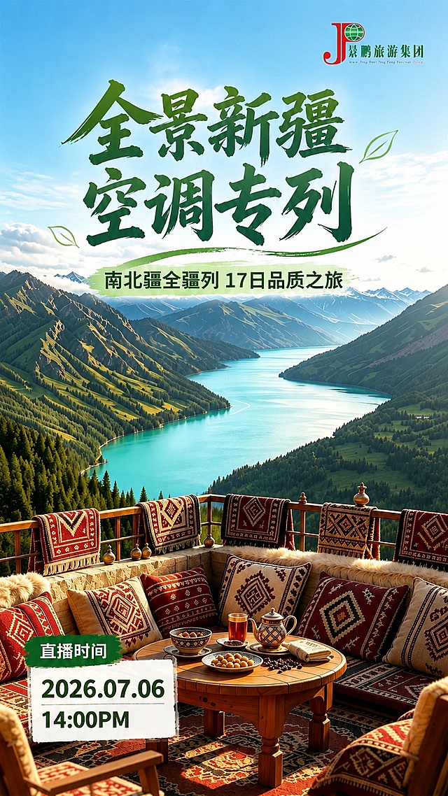 修改海报文字，保留现有新疆天山湖泊背景和版式结构，删除错误的文案“双高5日·纯玩森呼吸”和“承包你的夏日清凉”，仅保留正确文案：主标题“全景新疆 空调专列”，副标题“南北疆全疆列 17日品质之旅”，左下角绿色标签“直播时间”，下方时间“2026.07.06 14:00PM”，保留右上角景鹏旅游集团logo，调整整体排版让文字不遮挡背景风景，所有文字清晰可读，保持9:16竖版，写实自然风格，4K画质