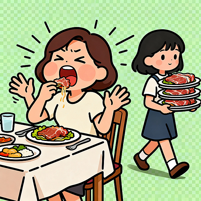 简笔画线条风格小漫画，妈妈疯狂吃东西，双手夸张摆动，腮帮子塞得满满，同时安排女儿端肉，女儿抱着一摞自助餐放肉的餐盘走回来，PNG风格