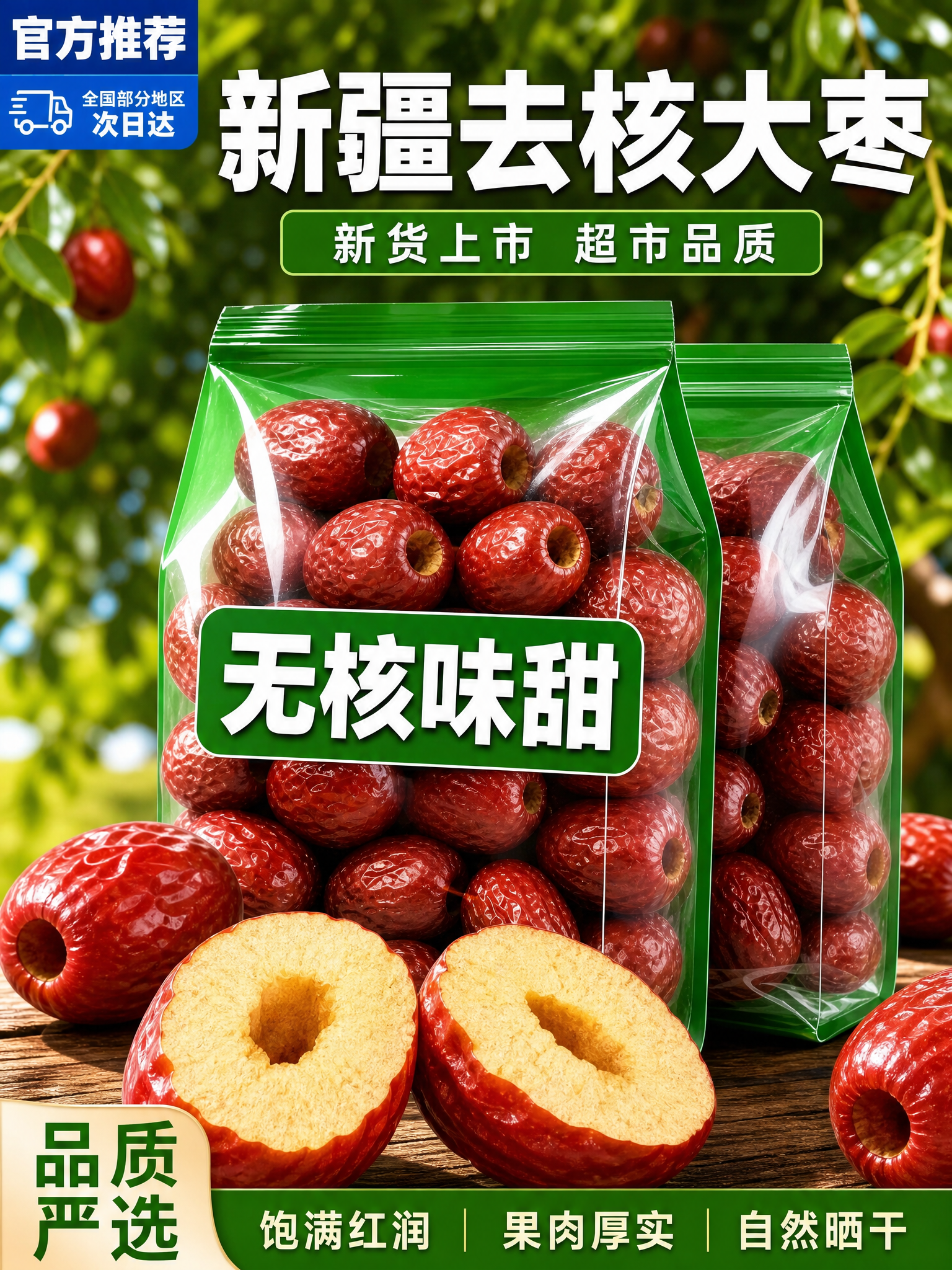 参考图2的电商主图风格，将图1的红枣产品融入其中，制作新疆去核… - 图片创意预览