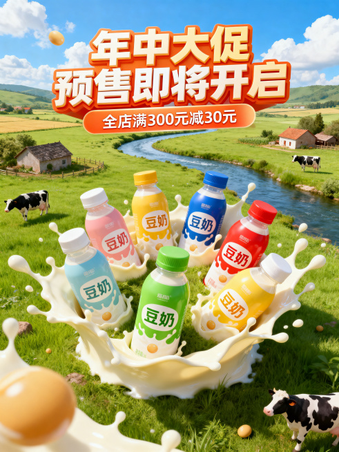 3D建模渲染风格，俯视视角，画面中心摆放不同颜色瓶装的豆奶产品，瓶身印有"豆奶"文字，被飞溅的豆奶环绕。背景是田园风光场景，有绿色草地、蜿蜒河流、乡村农舍、悠闲奶牛，搭配蓝天白云，充满自然氛围。海报上预览效果