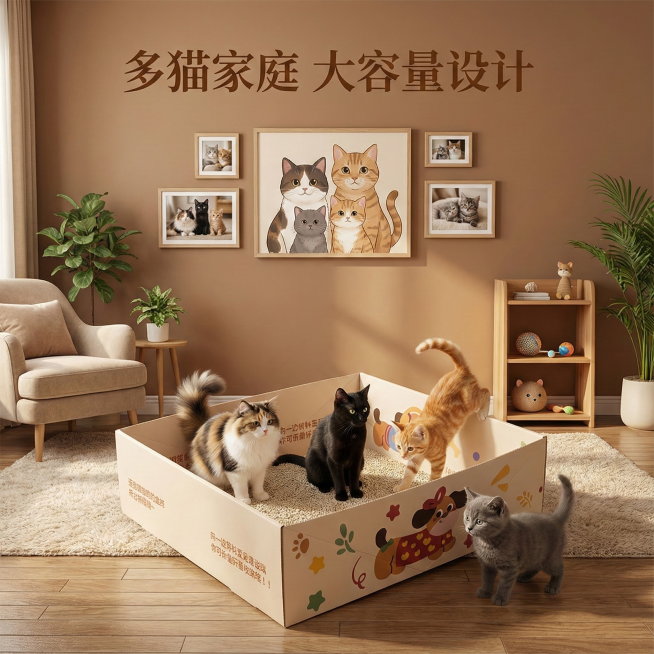 这张图片是产品主体这款产品是一次性猫砂盆 产品主体颜色不改变 我需要设计20张主图在拼多多上面售卖   主图场景布局设计用小猫等 等背景元素 整体色调暖色，可爱 显得高级一些  主图文案内容 月刨猫砂预览效果