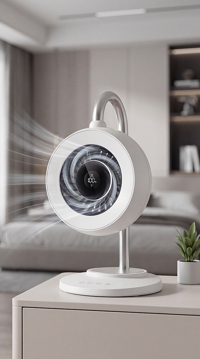 白色台式桌面循环风扇，保持物理结构绝对不变，按键和显示屏严禁扭曲变形。
居中构图，主体占画面60%，平稳摆放在床头柜上，拒绝比例失调。
放置在高端科技感卧室的浅色哑光床头柜上，背景是大气的现代科技感卧室装修，浅灰低饱和色调，拉开景深。
在风扇出风口添加明显的流动风特效，呈现出吹风的动态视觉效果。
全屋漫射柔光，低对比度，阴影极淡柔和，画面明亮干净。
点缀一小盆简约绿植，背景虚化处理，打破单调。
商业3C摄影，8K分辨率，极致材质细节，画面通透。严格锁定宽高比为 9:16。