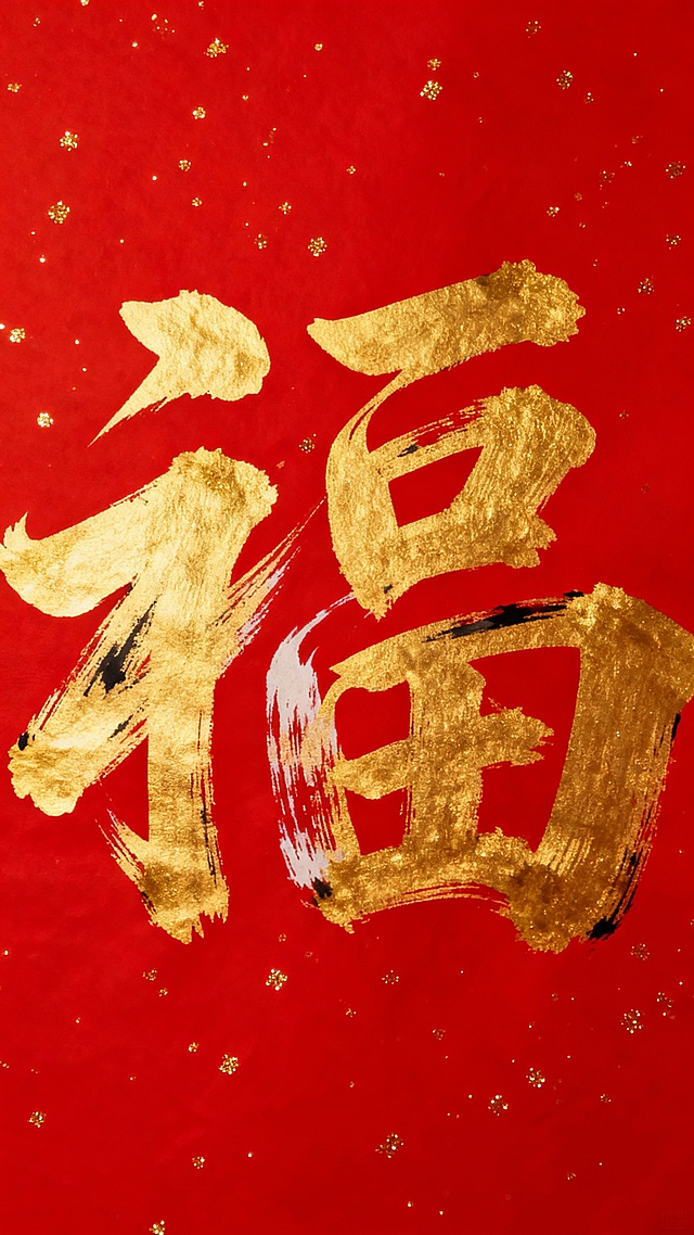 纯红色背景，上面有金色的“福”字书法，字体为传统毛笔手写体，笔画粗细有致、苍劲有力，带有自然的飞白和墨韵效果，背景点缀细微的金色闪粉颗粒，整体呈现出浓厚的中国传统节庆氛围，视觉上喜庆、庄重且富有质感。