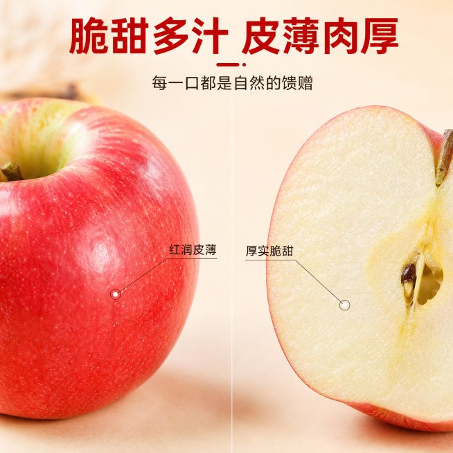 [主图-2] 核心卖点：对比展示皮薄肉厚特点，左图完整苹果带果皮特写，右图切开剖面
[氛围风格] 对比展示清晰直观，新鲜自然质感
[画质] 商业生鲜摄影质感 光线柔和通透 产品清晰真实 画面干净高级预览效果